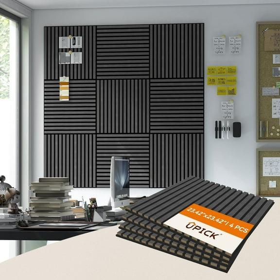 Upick MDF Acoustic Wall Panels Sound Absorbing, 4 Pack 24 x 24 inch Sound Proof Foam Wall Panels & Wood Slat Wall Panels for Interior Wall Decor (Matte Black)