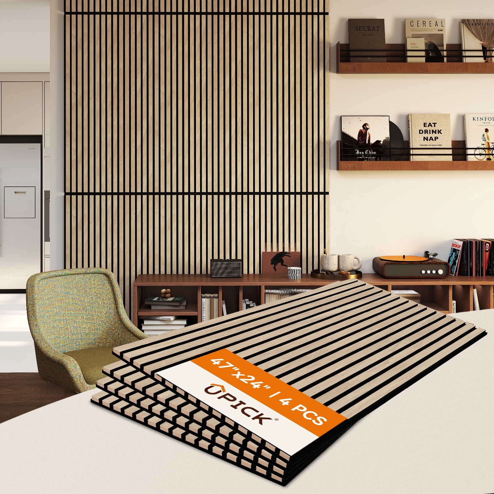 Upick MDF Acoustic Wall Panels Sound Absorbing, 4 Pack 48 x 24 inch Sound Proof Foam Wall Panels & Wood Slat Wall Panels for Interior Wall Decor, Oak
