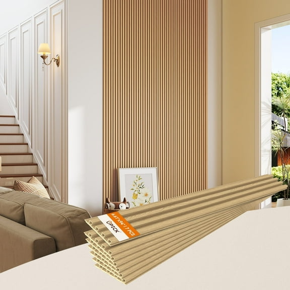 Upick WPC Slat Wall Panels, 7 Pack 94 x 6.61 in 3D Wood Wall Panels Fluted Textured for Interior Wall Decor, Oak