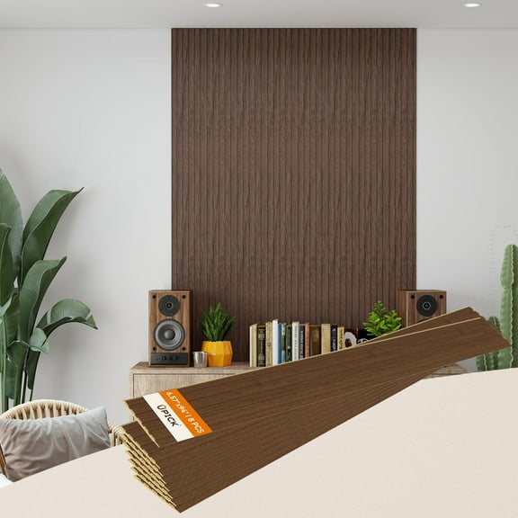 Upick WPC Slat Wall Panels, 8 Pack 94 x 6.57 in 3D Wood Wall Panels Fluted Textured for Interior Wall Decor, Teak