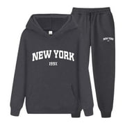 UPIOIWER Autumn New York Letter Dressy Jumpsuits for Women Wedding Guest Couples Hoodies Sweatshirt and Pant Suits Pants Set Unisex Sportswear for Men and Women Gray XX-Large