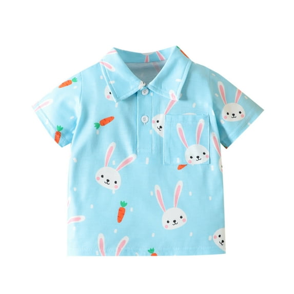 Upioiwer Boy's Easter Shirt for 1-5 Years - Cartoon Rabbit Printed Tops T Shirt with Pocket - Short Sleeve Summer Button Down Beach Polo - Little Kids Big Kids Teen Blue 130