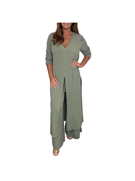 Ladies Casual Fashion Chiffon Tuxedo Pant Long Sleeve Trousers Two Women Work Suit Set Piece Set Petite Pant Suits for Women formal Tops for Women Evening Weddings Green 3X-Large