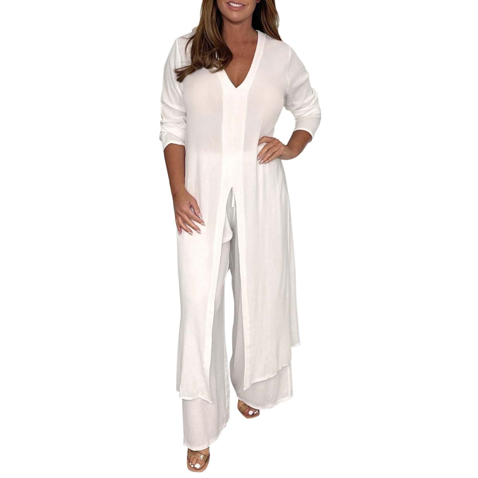 New White Asymmetrical Pockets Chiffon 2 Piece Outfit Half Sleeve main image 1