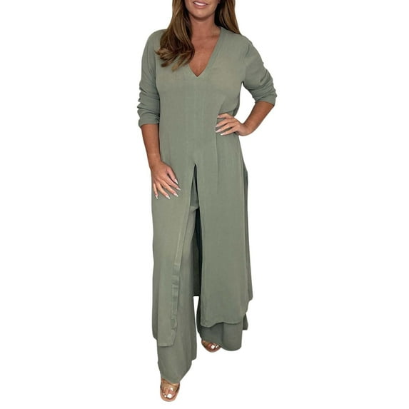 Upioiwer Ladies Casual Fashion Chiffon Women Suits Long Sleeve Trousers Two Women Trousers Suits Piece Set Wedding Pant Suits Womens Dressy Rompers Jumpsuits Petite Pant Suits for Women Green 5XL