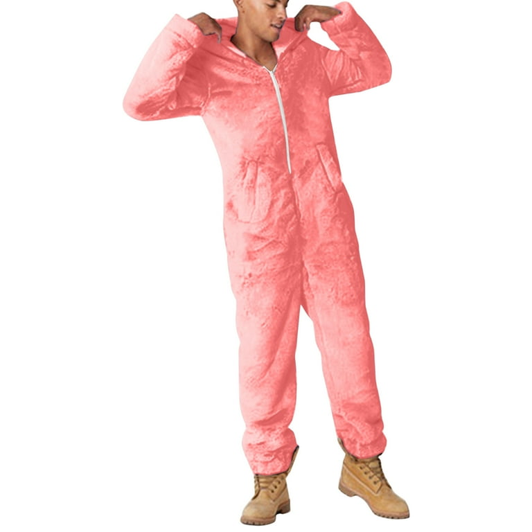 Upioiwer Men S Overalls Overoles Para De Trabajo Overoles Para De Trabajo Men Artificial Wool Long Sleeve Pajamas Casual Solid Color Zipper Loose Hooded Jumpsuit Pajamas Casual Winter Warm Rompe Cute ...