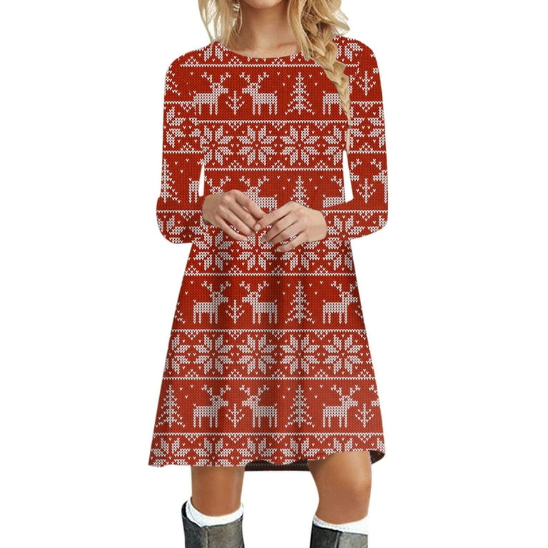 Upioiwer Spring Flowy Dresses Women Fit And Flare Dress For Women Long Easter Dresses Christmas Womens Long Sleeve Crew Neck Deer Printed Soft Dress Fashion Cocktail Party Swing Dress Christmas Party