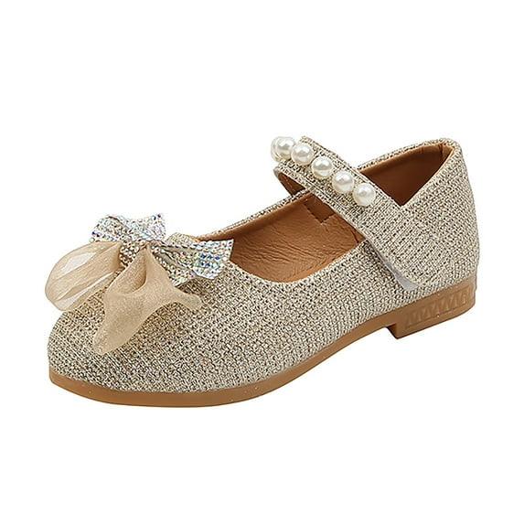 Upioiwer Toddler Girls Dress Shoes Pearls Bow Ballet Flats Flower Girl Shoes for Wedding Party School Shoes Gold 7.5