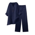thumbnail image 1 of Upioiwer Womens 2 Piece Outfits Wedding Pant Suits for Bride Wide Leg Blouse Pockets Wedding Pant Suits for Women Elegant Elastic Pants Sets Casual V Neck Shirt Trousers Fashion Streetwear Blue L, 1 of 7