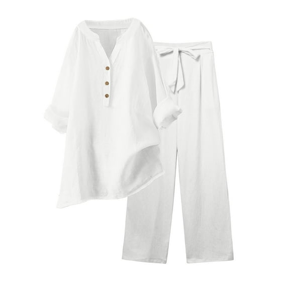 Upioiwer Womens 2 Piece Outfits Woman Jumpsuit & Romper Elegant Wide Leg Blouse Pockets Women Jumper Elastic Pants Sets Casual Women Winter Apparel V Neck Shirt Trousers Fashion Streetwear White L