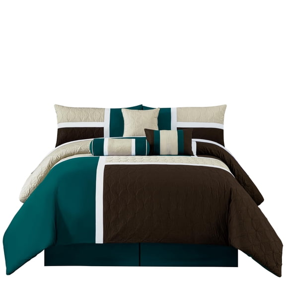 Upland 7-Piece Oversized King Comforter Set, Quilted Patchwork Microfiber Polyester, Complete Bedding with Medallion Design Shams Pillows, Teal Beige Brown