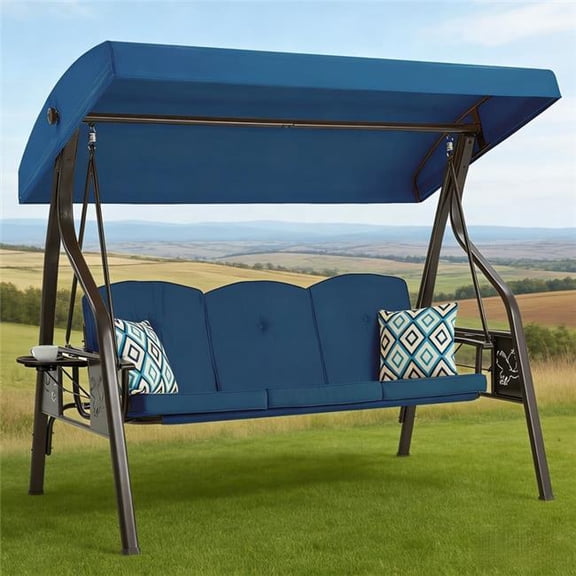 Upland 8012BU 3-Seat Outdoor Porch Swing with Stand Patio Swing with Canopy 2 in 1 Porch Swing Bed