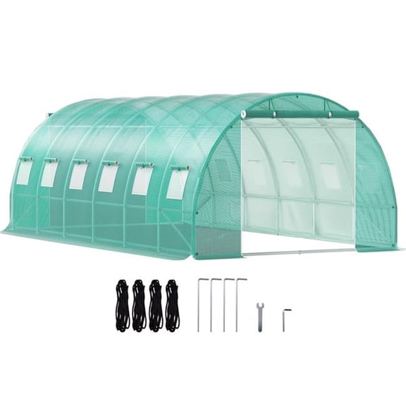 Upland JFL-D0102HRMZW6 Walk-in Tunnel Greenhouse, 20 x 10 x 7 ft Portable Plant Hot House with Galvanized Steel Hoops, 3 Top Beams, Diagonal Poles, 2 Zippered Doors & 12 Roll-up Windows, Green