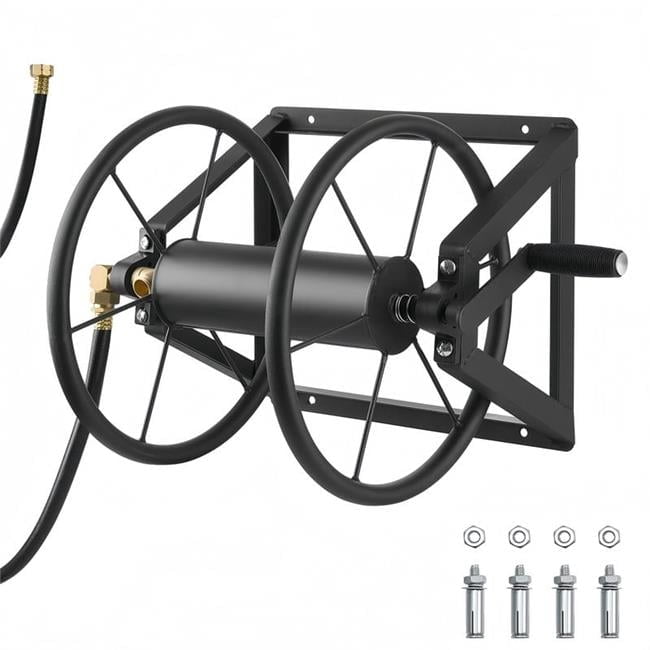 Upland NR-D0102X36KGU 125 ft. Wall-Mounted Metal Hose Reel with Lead Hose and Storage Basket, Heavy Duty Garden Hose Winder