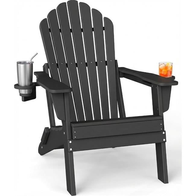 Upland YYDFAC-BK1 Upgraded Folding All-Weather HDPE Adirondack Chair with Dual Cup Holders 37.8 in. Extra High Back & Reinforced Seat
