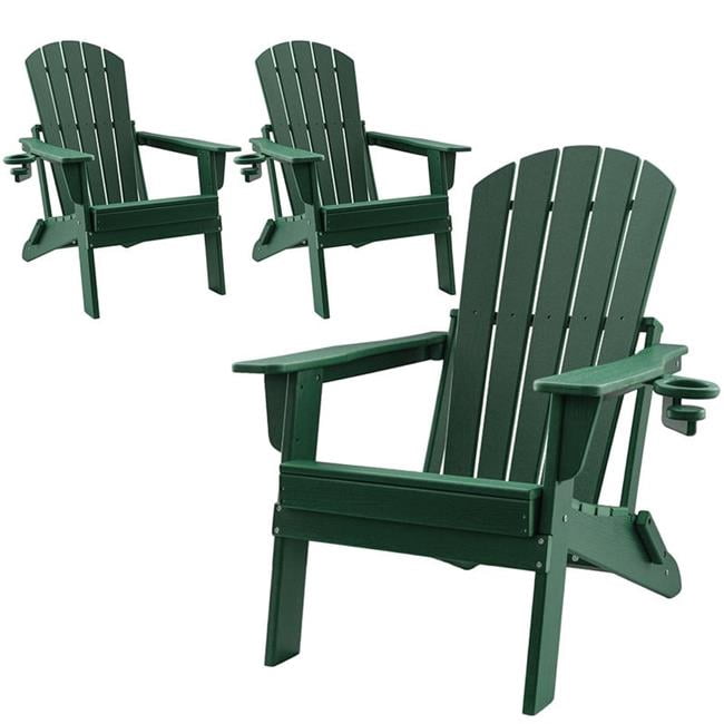 Upland YYFAC-GN3 HDPE Folding Adirondack Chair with Cup Holder,Weather-Resistant, Low Maintenance,Supports up to 400lbs,Green,3Pack