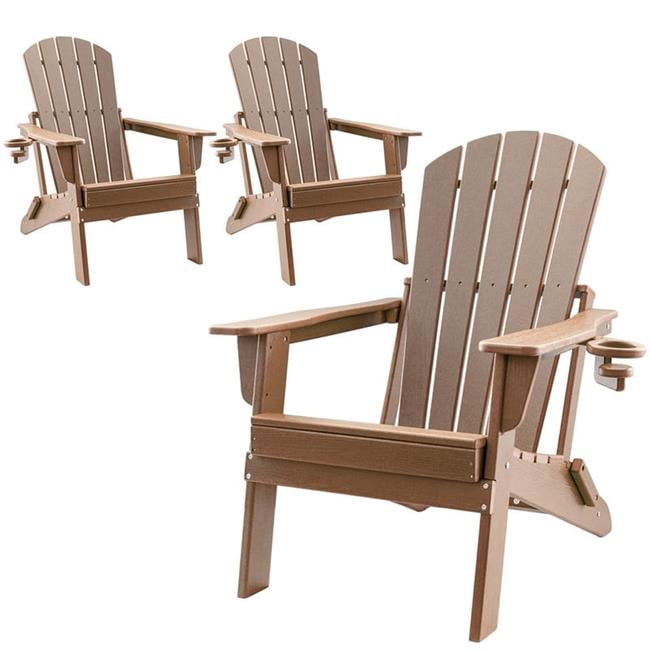 Upland YYFAC-TK3 HDPE Folding Adirondack Chair with Cup Holder,Weather-Resistant, Low Maintenance,Supports up to 400lbs,Teak,3Pack