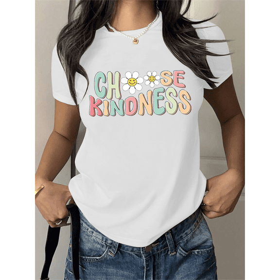 Uplifting Choose Kindness Biblical Affirmation Tshirts Faith Based Graphic Tees Kindness Movement Flower Smiling Face Tops White,4XL