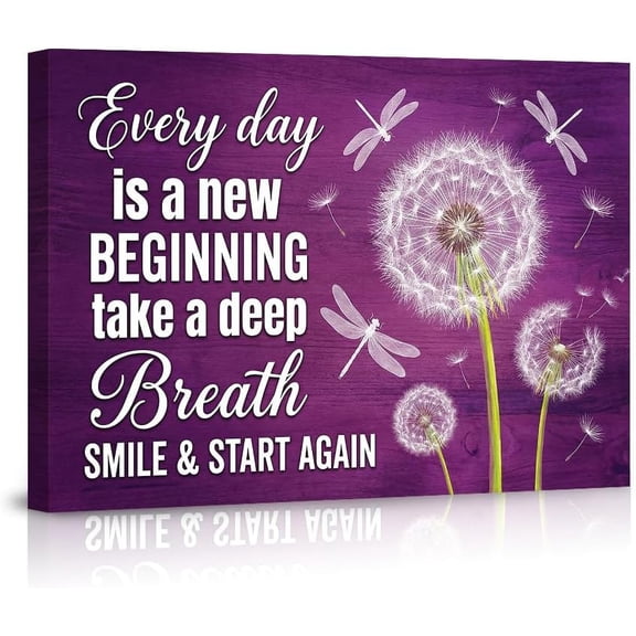 Uplifting Inspirational Canvas Wall Art with Motivational Quote_Every Day is a New Beginning_ Purple Dandelion Dragonfly Wall Decor for Home