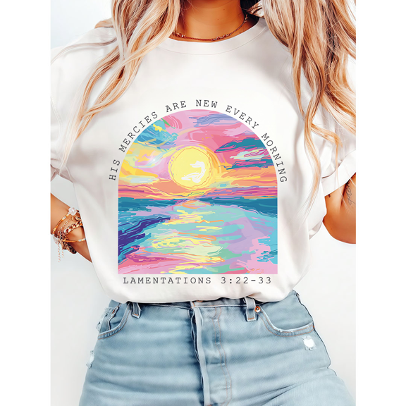 Uplifting His Mercies Are New Every Morning Lamentations 3:22-23 Print Tshirts Bible Verse Graphic Tees Faith Based Short Sleeve Casual Tops for Daily Outfits White,M