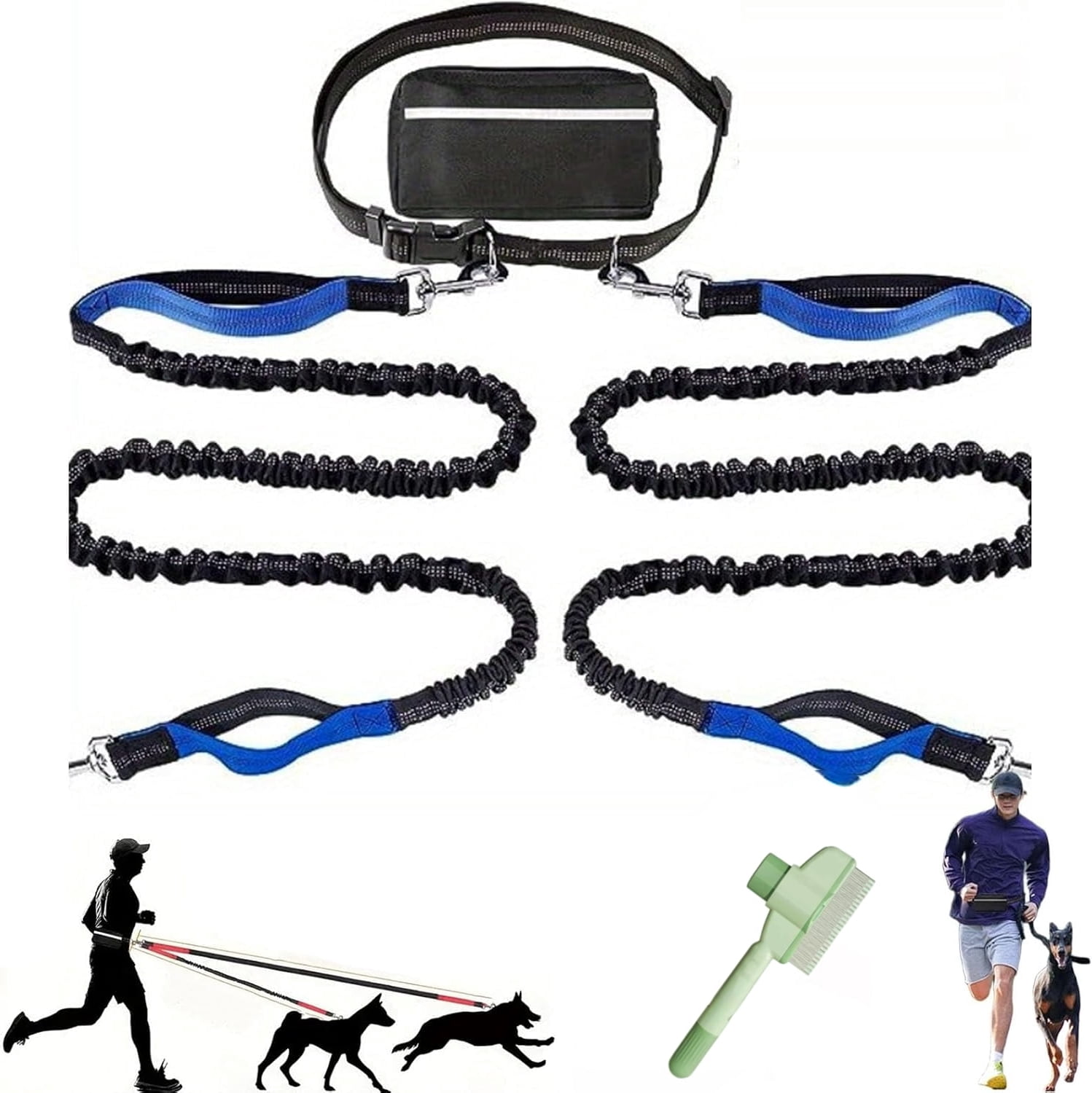 Upliftjoys Dog Leash,Upliftjoys Hands Free Dog Leash with Multifunctional Pouch,Adjustable Waist Belt,Shock Absorbing Bungee Leashs for Small＆Large Dogs (Blue, Double Rope)