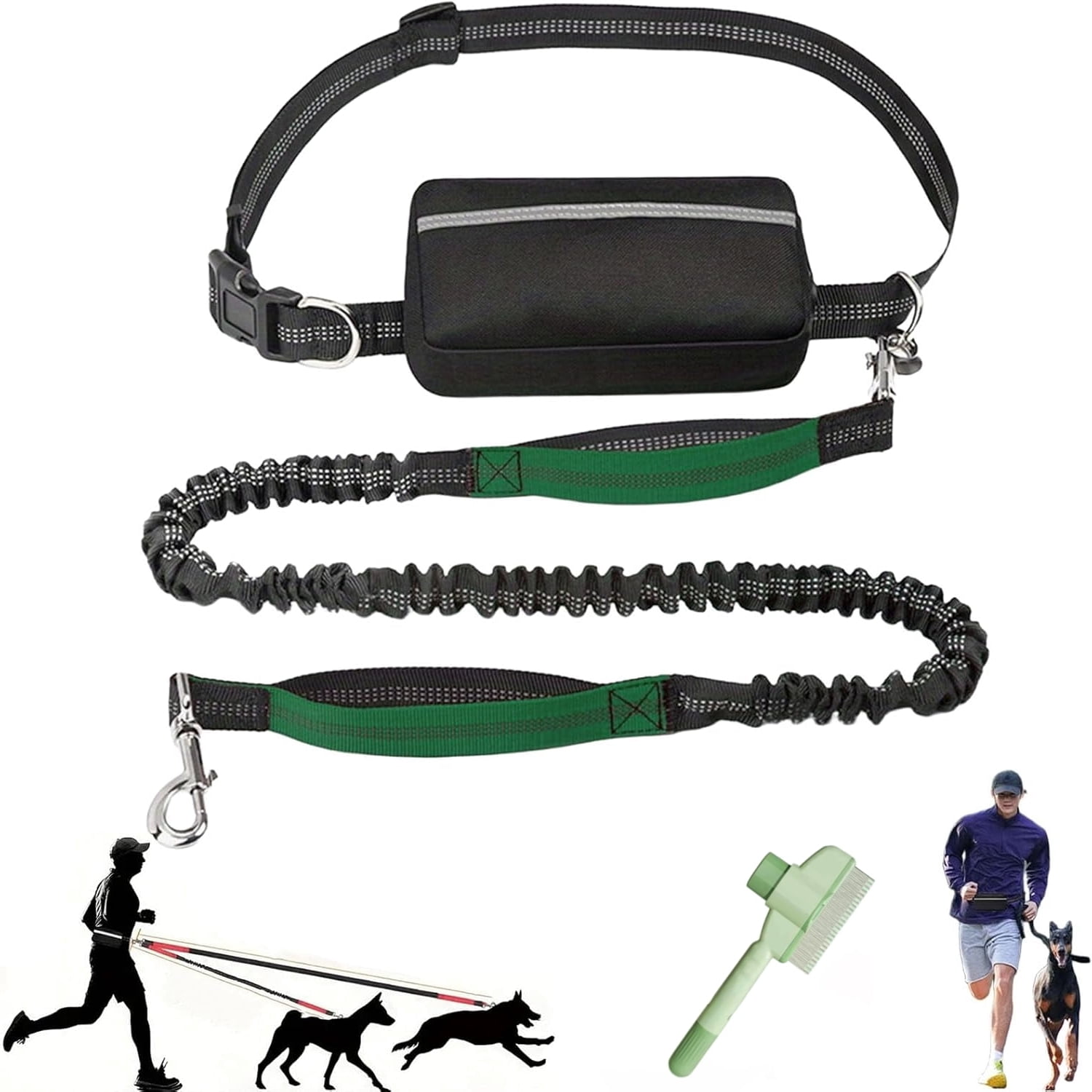 Upliftjoys Dog Leash,Upliftjoys Hands Free Dog Leash with Multifunctional Pouch,Adjustable Waist Belt,Shock Absorbing Bungee Leashs for Small＆Large Dogs (Green, Single Rope)