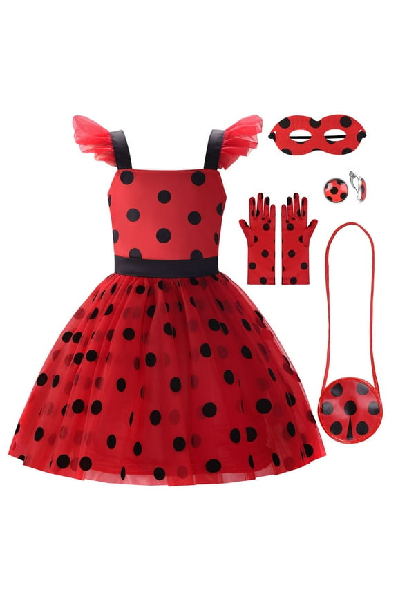 Girls Ladybug Dress Lady Bug Costume for Kids Ladybird Dress Up Outfits(3-4T/110)