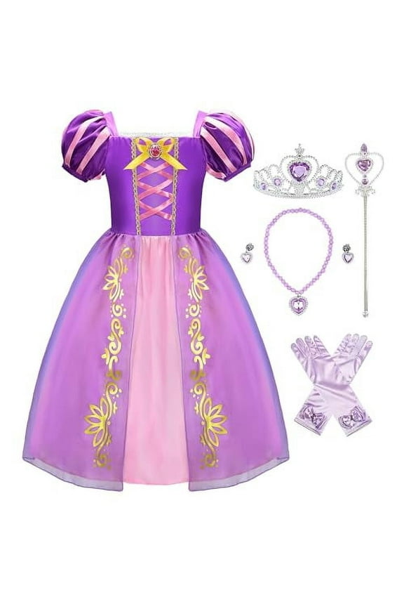 Girls Princess Costume Dress Puff Sleeve Purple Toddler Girls Halloween Costume Party Dress Up Clothes (5-6Y/120)
