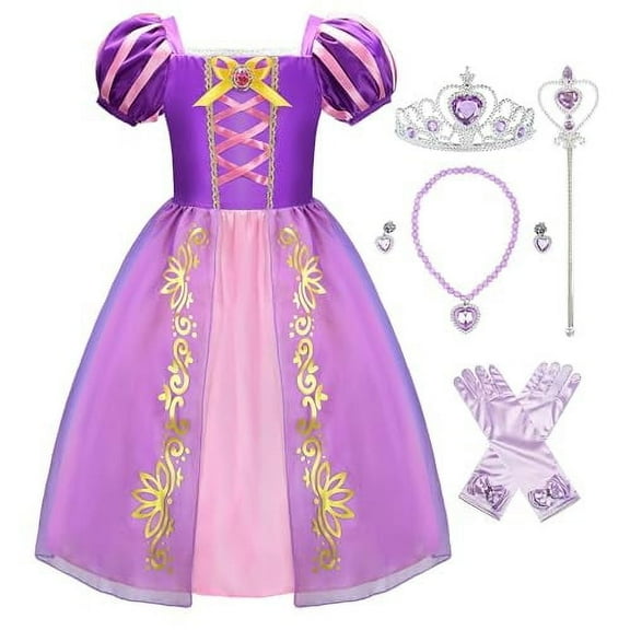 Uplus ME Girls Princess Costume Dress Puff Sleeve Purple Toddler Girls Halloween Costume Party Dress Up Clothes (9-10Y/150)