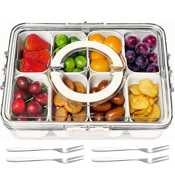 Upmore Snack Divider Container, Food Storage Box with Lid, Snackle Box Container, Divided Serving Tray with Lid and Handle, 8 Compartment Divide Snack Box with 4 Fruit Forks