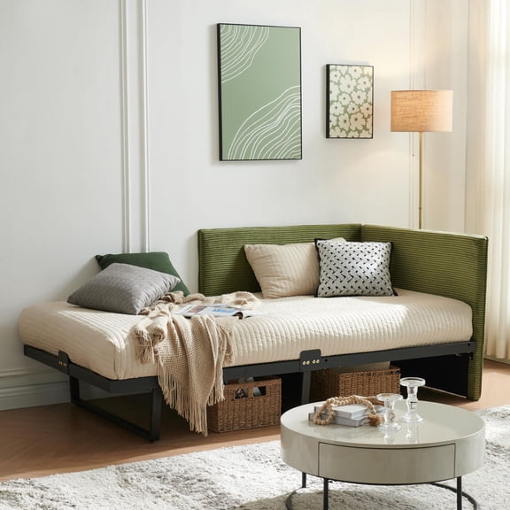 Twin Corduroy Upholstered Daybed Frame, Sturdy Metal Bed with Underbed Storage and Wood Slats, Supports up to 550 lbs, Green