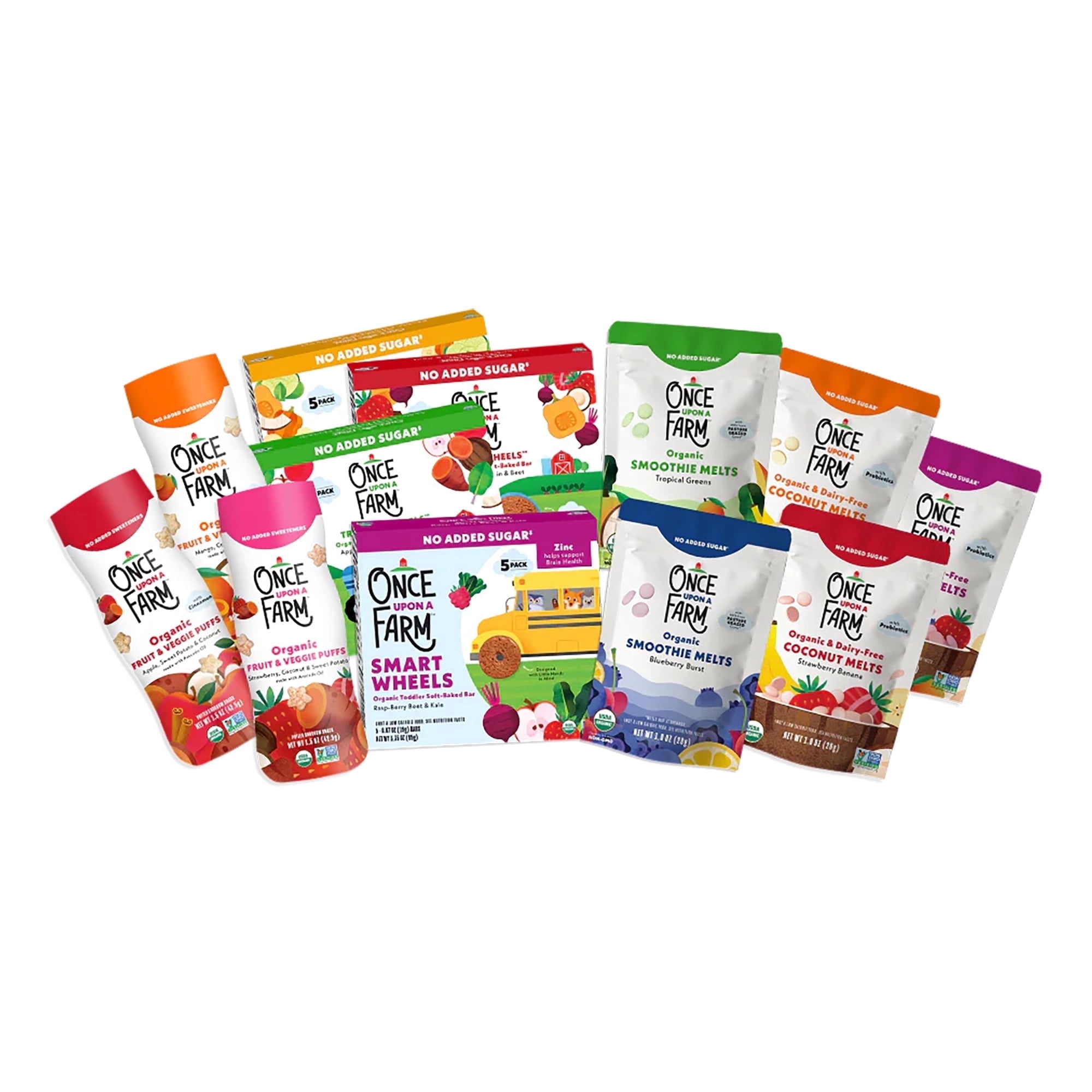 Once Upon a Farm Organic Baby & Toddler Snack Sampler, Puffs, Coconut Melts, Tractor Wheels, Smart Wheels, Smoothie Melts, Made with Real Fruit & Veggies, No Added Sugar, Non-GMO, 12 Count