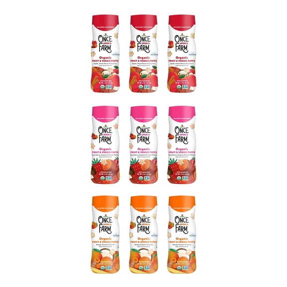 Once Upon a Farm Organic Puffs Variety Pack, Apple Sweet Potato, Strawberry Sweet Potato, Mango Carrot, Coconut In All, Non-GMO, Puffed Sorghum Fruit & Veggie Snacks, Puffs 1.5oz (9 Pack)