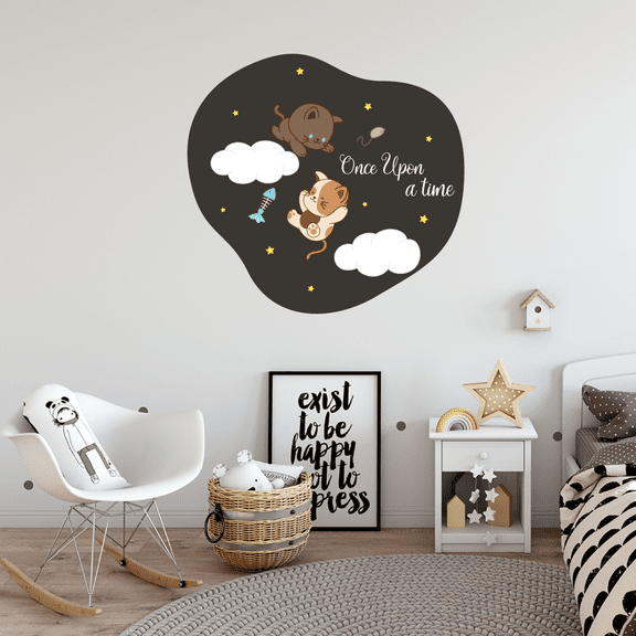 Once Upon A Time - Baby Kittens Home Decor Design Wall Decal Quotes - 25" x 25" Children's Bedroom Nursery Cats Fishbone Stars Mouse Clouds Vinyl Adhesive Living Room Decoration Sticker