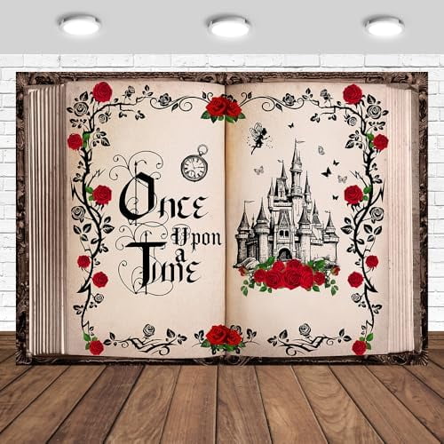 Once Upon a Time Backdrop 10x7ft Princess Castle Red Roses Fairytale Theme Wedding Bridal Shower Decorations Photography Background Cake Table Banner Photo Props (10x7ft)