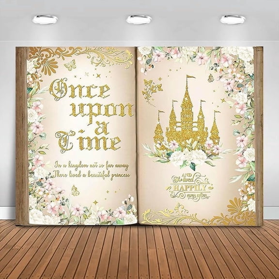 Once Upon a Time Backdrop 7x5ft Pink Floral Gold Castle Princess Fairy Tale Book Birthday Background Party Decorations for Girl Opening Magic Book Romantic Story Wall Decor Banner