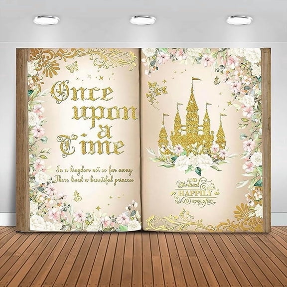 Once Upon a Time Backdrop 7x5ft Pink Floral Gold Castle Princess Fairy Tale Book Birthday Background Party Decorations for Girl Opening Magic Book Romantic Story Wall Decor Banner