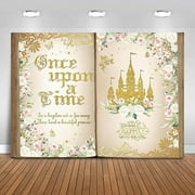 Once Upon a Time Backdrop 7x5ft Pink Floral Gold Castle Princess Fairy Tale Book Birthday Background Party Decorations for Girl Opening Magic Book Romantic Story Wall Decor Banner