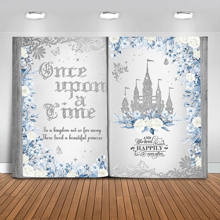 Once Upon a Time Backdrop Blue Floral Silver Castle Pr-in-ce-ss Fairy Tale Book Birthday Background Party Decorations for Girl Opening Magic Book Romantic Story Wall Decor Banner