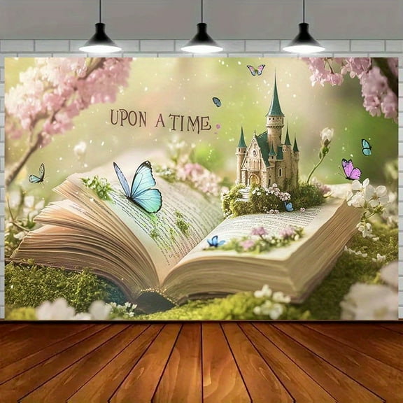 Once Upon a Time Backdrop Fairy Tale Book Princess Birthday Photography Background Spring Pink Floral Butterfly Castle Wedding Birthday Party Decorations Banner Supplies Photo Booth Props
