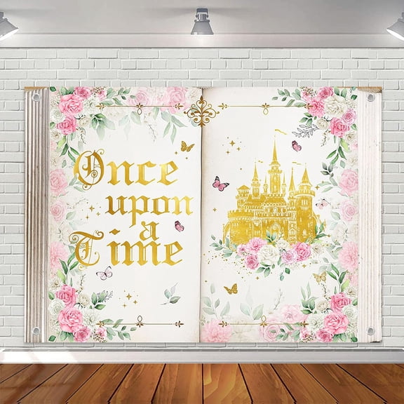 Once Upon a Time Backdrop Fairy Tale Castle Princess Birthday Background for Girls Pink Floral Once Upon a Time Party Decorations Banner Supplies Photo Booth Props