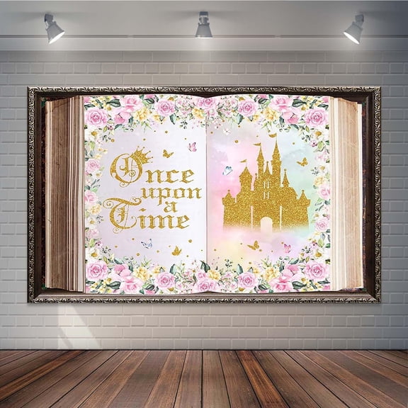 Once Upon a Time Backdrop Open Book Princess Castle Photography Background Pink Floral Girls Fairytale Birthday Party Decorations Banner Supplies Photo Booth Props
