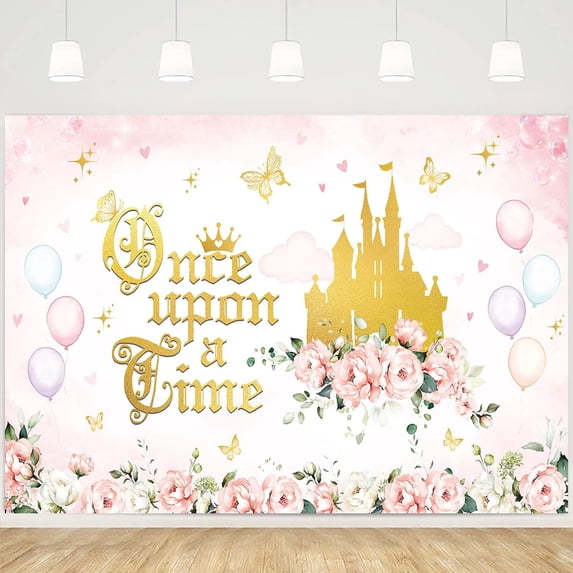 Once Upon a Time Backdrop Pink Floral Gold Castle Princess Birthday Background for Girls First Birthday Party Decorations Banner Supplies Photo Booth Props