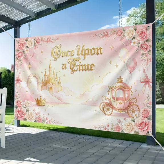 Once Upon a Time Backdrop Pink Floral Gold Castle Princess Birthday Party Decoration Girls First Birthday Party Photobooth Backdrop Supplies Photo Props 6x3.6f 51*59IN