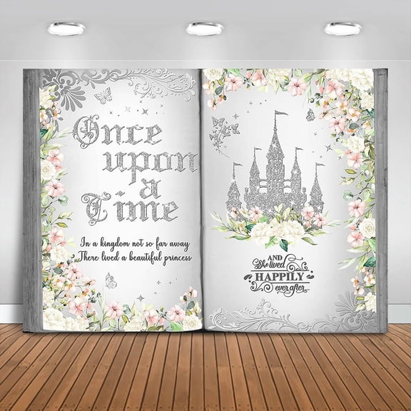 Once Upon a Time Backdrop Pink Floral Silver Castle Princess Fairy Tale Book Birthday Background for Girl Opening Magic Book Romantic Story Birthday Party Decorations Banner Photo Booth Props