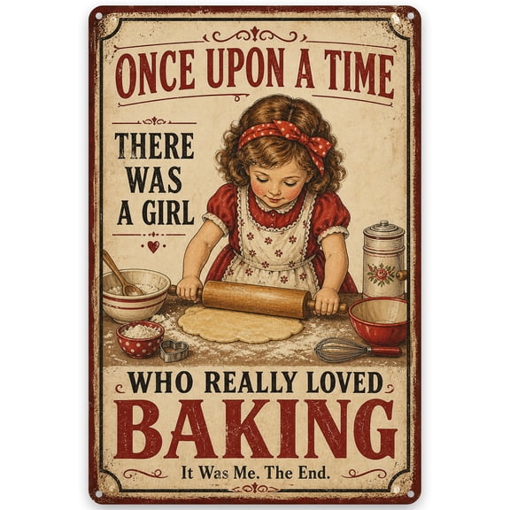 Once Upon a Time Baking Theme Iron Wall Decor Sign 8x12 Inch - Vintage Rustic Style Kitchen Art with Pre-Drilled Holes for Easy Hanging, Weather Resistant Finish - Home Decor Wall Accent
