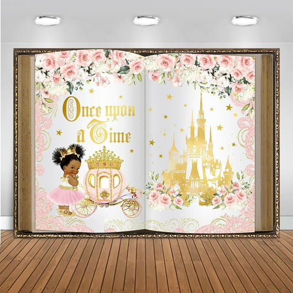 Once Upon a Time Birthday Backdrop Pink Floral Gold Castle for Girls Princess Birthday Party Decoration Banner for Girls First Birthday Photography Background Supplies