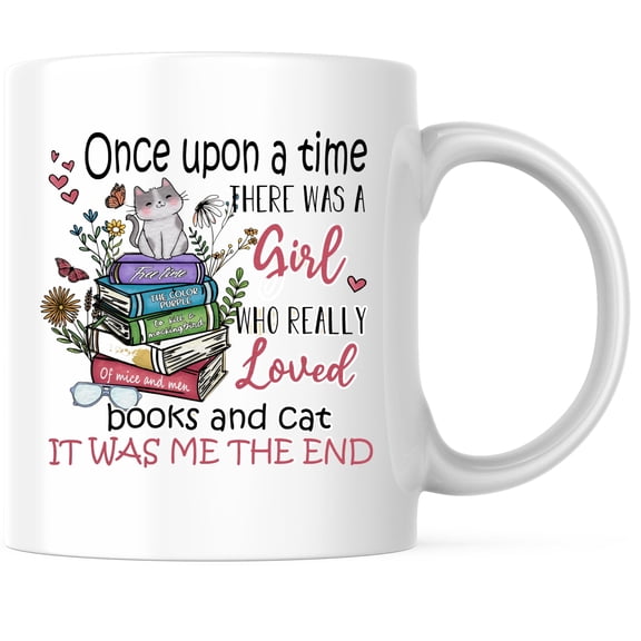 Once Upon A Time Cat and Books Coffee Mug - Inspirational Cat Lover Mug - Fun Reading Theme 11 Ounce Coffee Mug - Premium Ceramic - Design Printed On Both Sides - BMCM03021