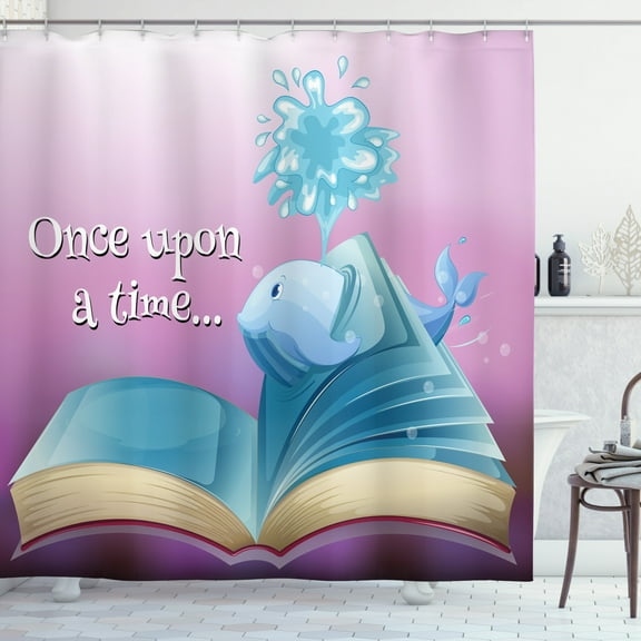 Once Upon a Time Shower Curtain, A Storybook and Quote with Baby Whale Fantastic Ocean Tale Kids Cartoon, Fabric Bathroom Set with Hooks, 69W X 84L Inches Extra Long, Multicolor, by Ambesonne