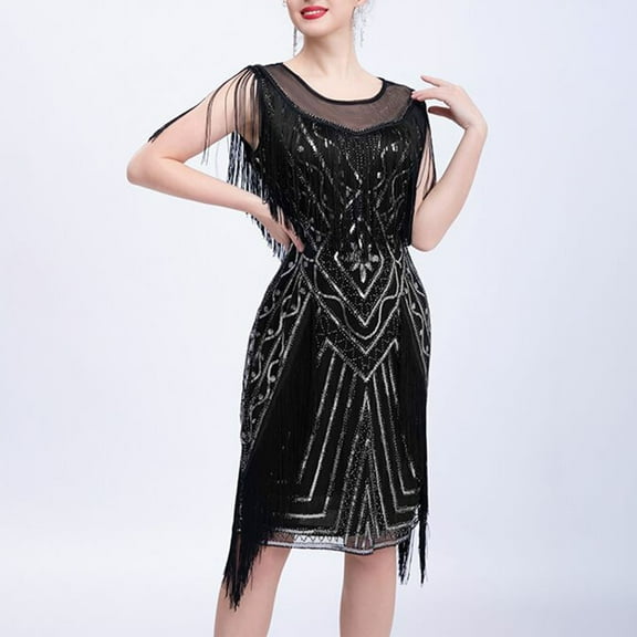 Uppada Womens Sequin Tassel Fringe Party Dress V Neck Sleeveless Spaghetti Straps Dress Cocktail Prom Party Mini Dresses Slim Fit Ruched Stretchy Dress Up To 65% off